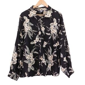 Lands' End 100% Linen Floral Button‎ Up Shirt Size 2X Black